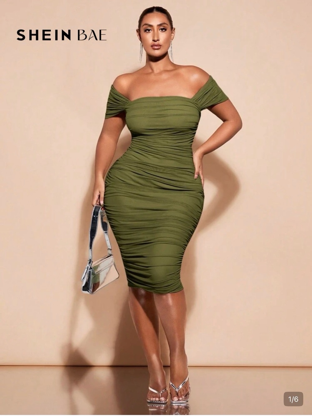 SHEIN Olive Off-Shoulder Ruched Midi Dress